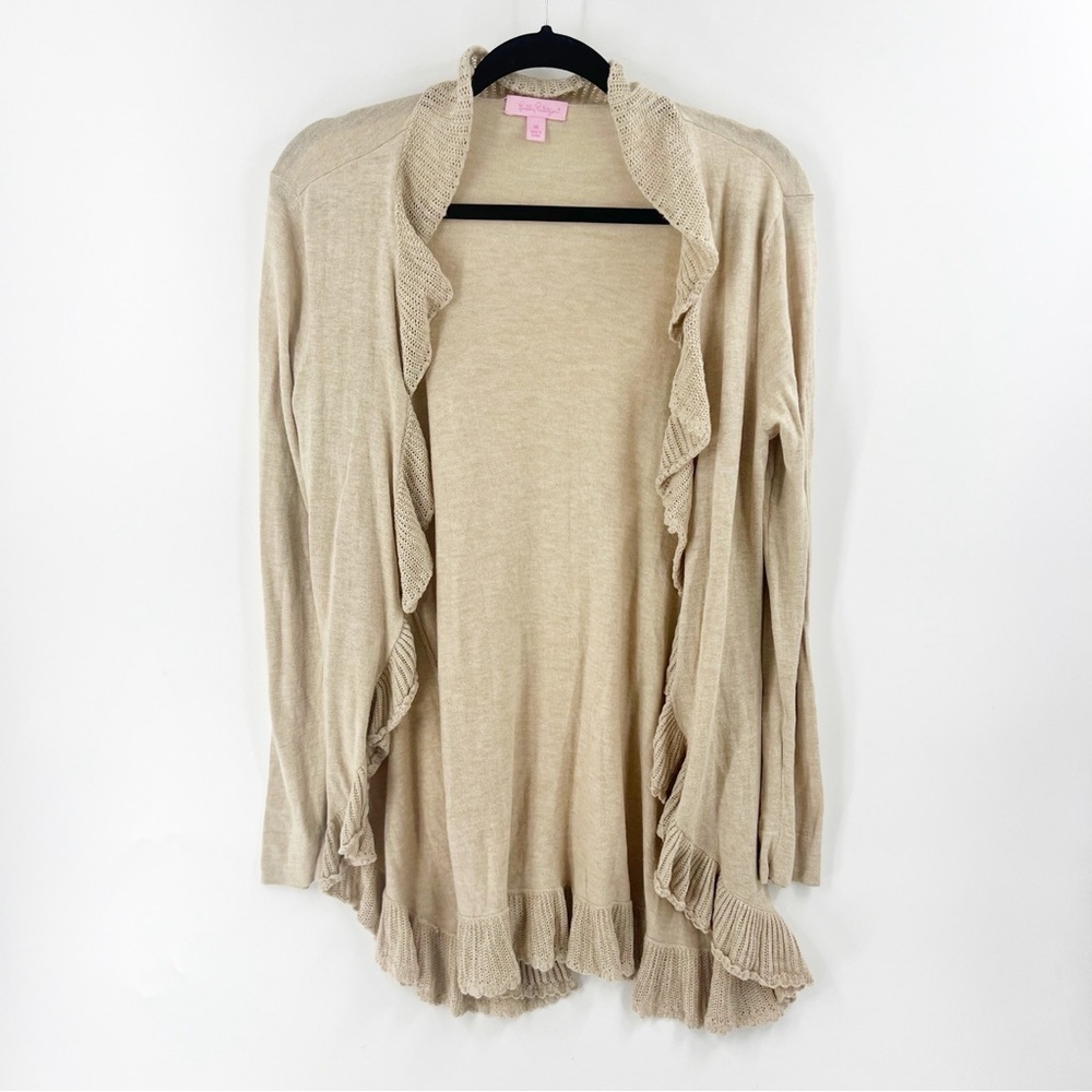 ✅ Lilly Pulitzer‎ Shirley Ruffle Cardigan TAN SIZE MEDIUM SILK BLEND OPEN FRONT